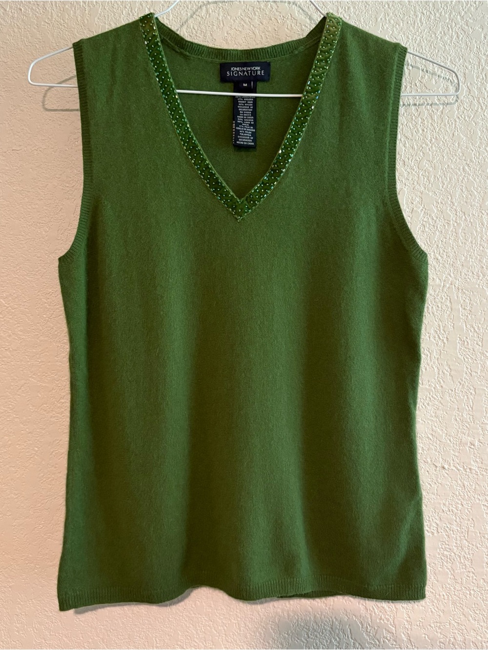 Jones New York Green Wool V-Neck Beaded Tank Top
